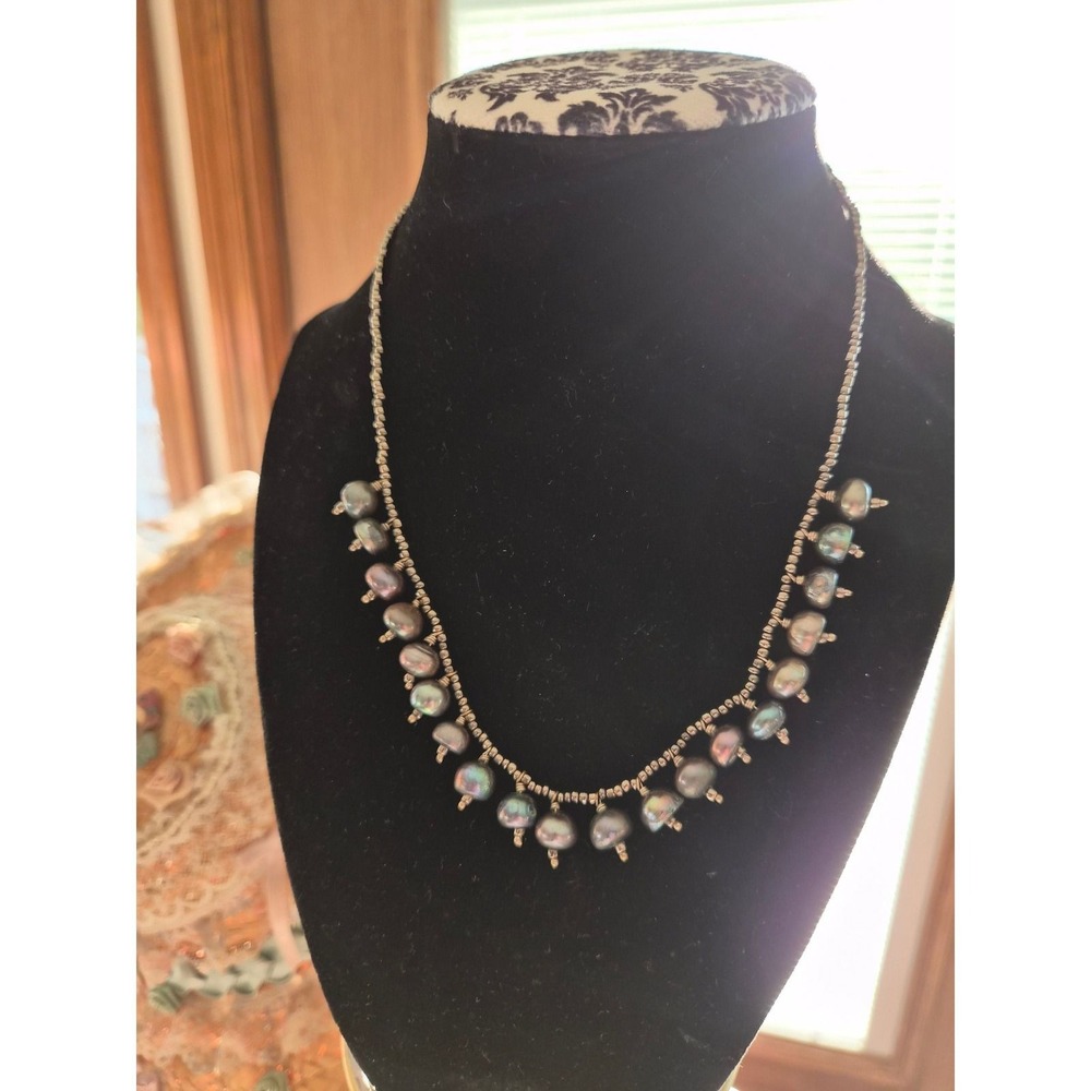 Black Freshwater Pearl Fringe Beaded Necklace Iridescent Dark Peacock 16 Inch